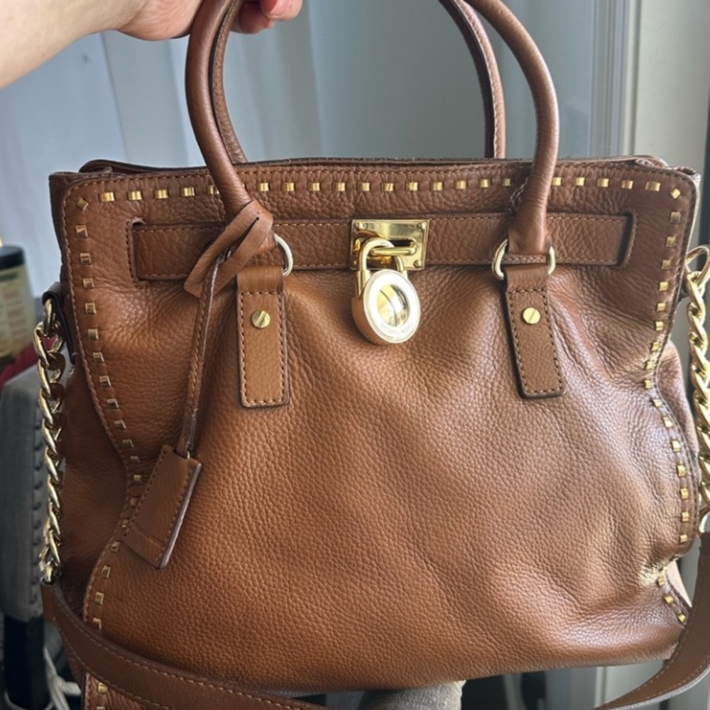 Michael Kors Brown Gold Satchel with Studded Details & MK Dust Bag